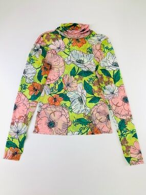 AFRM Floral Mesh Turtleneck Top Womens XL Bold Stretch Y2K Statement Layering